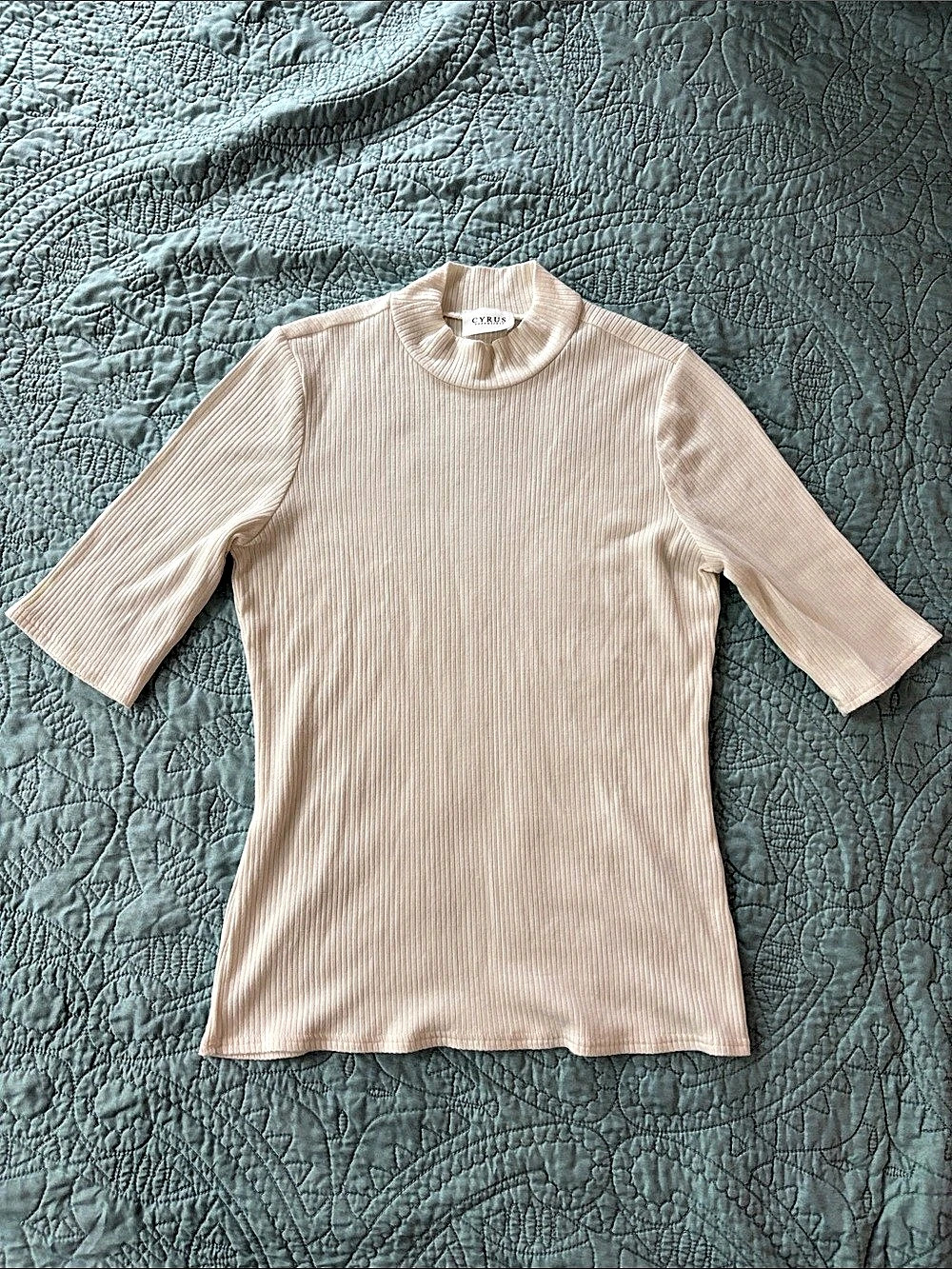 Cyrus Esentials Ribbed Mock Neck Short Sleeve Top Cream Medium